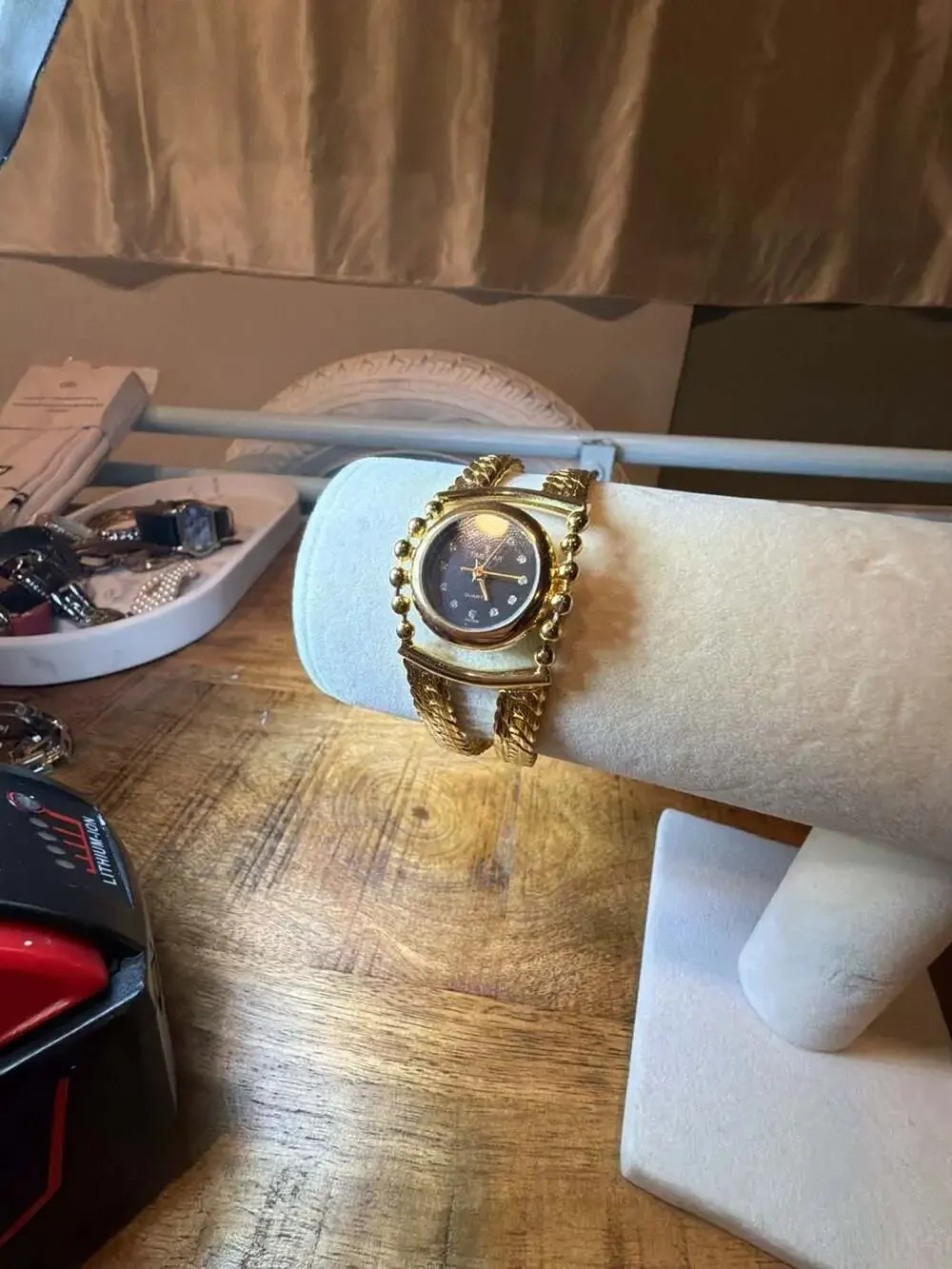 Timestar Gold Tone Quartz Women's Cuff Watch with Rhinestone Markers